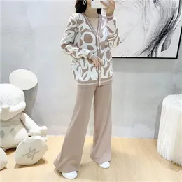 Women's Two Piece Pants Set 2023 Autumn Winter Fashion Knit Leopard Print Sweater Leisure Sweat Suit For Women Tracksuit Clothes