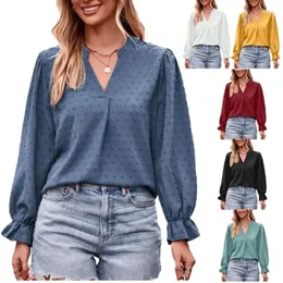 البلوزات النسائية مريحة 2023 الخريف/الشتاء جاكار تي شيرت V-neck فضفاضة صلبة طويلة الأكمام المظلة عارضات كادين بلوزلاري