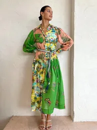 Casual jurken Australian Designer Dress lente/zomer 2023 Nieuwe vintage lantaarn mouwen ramie printjurk