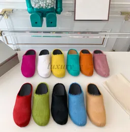 Designer päls tofflor hästhår glider kvinnor runda tå loafers svart ros röda mulor halv toffel män gummi glid plyschskor