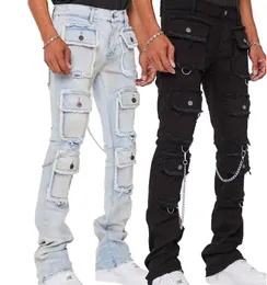Nowe męskie dżinsowe przemysł ciężkie Muti Pockets Worbgy Men Slim Fit Elasty Y2K Cargo Pants Male's High Street Denim Ubrania