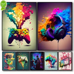 New 80s Colorful Punk Neon Gamer Controller Cool Gaming Poster For Wall Art Esports Game Kawaii Room Decor Canvas Painting Cat Cars
