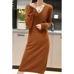 Urban Sexy Dresses V-Neck Soft Women Cashmere And Wool Sweaters 2022 New Arrival Menca Sheep Autumn/Winter Knitted Female DressesL23116