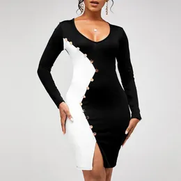 Casual Dresses OTEN Autumn Long Sleeve Pencil Women Patchwork Buttons Office Elegant Sexy V Neck Bodycon Party Midi Dress Vestidos Robe