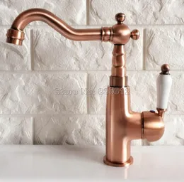Bathroom Sink Faucets Red Copper Swivel Spout Faucet Single Hole Washbasin Mixer Ceramic Handle Cold & Water Tap Wnf409