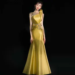 wangcai01runway 드레스 2023 Egant Gold Squined Mermaid Prom Dresses 어깨 목도 측면 이브닝 가운 새틴 스윕 기차 특별 행사 공식적인 드레스