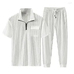Men's Tracksuits calças masculinas Conjuntos de colarinho listrado de colarinho de seda esportes de seda curta Camiseta curta