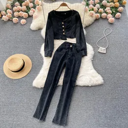 Kadınlar iki parçalı pantolon sıradan siyah kot pantolon kadın kot parçaları set düzensiz ceket üstleri uzun eşofman kıyafetleri 2023 bahar sonbahar