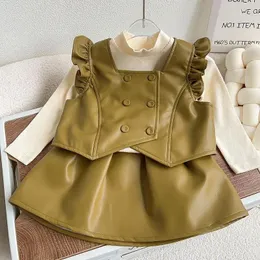 Jackets 2023 Baby Girls PU Clothing Set Vest Skirts Elegant Girl Kids 2pieces Suits Children Birthday Clothes