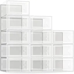 SEE SPRING Large 12 Pack Shoe Storage Box, Clear Plastic Stackable Shoe Organizer for Closet, Space Saving Foldable Shoe Rack Sneaker Container Bin Holder