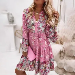 Casual Dresses Retro Floral Print Dress Women Elegant Flare Sleeve Splicing Ruffles Mini V Neck Loose Bohemian Beach