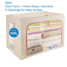 3 pcs Clothes Storage Organizer, 100L Large Fabric Storage Bags with Steel Frame, Stackable Storage Box for Clothes, Blankets, Towels