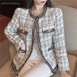 Doudoune ver Sacee Woman Jacket Vintage Plaid Lång ärm O-hals Öppen Stitch Runway Designer Tweed Cardigans Fashion Coat Ropa Para Mujer