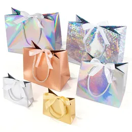 Gift Wrap Laser gift paper bag holiday party gold and silver packaging carton ribbon small paper bag can be customized size printed 231123