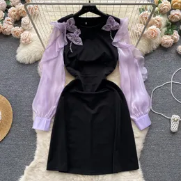 Fransk retro klänning sommar ny stil trä öronkant mesh långärmad tredimensionell blommig design och en känsla av närbild midje kjol för den lilla publiken