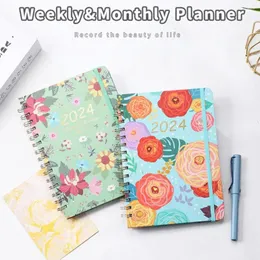 Planejador semanal estampa floral requintada 2024 bobina de caderno mensal design livro de programação para escritório doméstico
