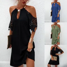 Casual Dresses Women Summer Embroidery Lace Half Sleeve Party Dress Fashion Sexig Off Axla Halter Kvinnlig Vintage