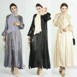 Etnisk kläd mode satin ärmlös klänning och kofta abaya 2 styck uppsättningar eleganta dubai kvinnor fest lös mantel kaftan kostym