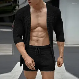 Männer Trainingsanzüge INCERUN 2023 Korea Stil Sexy Sets Medium Sleeve Cardigan Shorts Casual Streetwear Hohl Feste Männliche Zwei Stück S-5XL