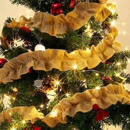 Ghirlanda di fiori decorativi natalizi in tela da imballaggio con nastro marrone chiaro naturale con albero arruffato rustico da 10 m