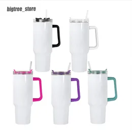40oz sublimation stainless steel tumbler with colorful handle lid straw big capacity beer mug water bottle outdoor camping cup vacuum insulated tumblers