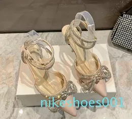 Lüks mach bayan elbise yay kristal dekoratif sandaletler satin kadın düğün düğün yüksek topuklu stiletto topuk tatlı mizaç sandal bowtie slayt