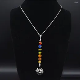 Pendant Necklaces Reiki Chakra 7 Stones Long Chain Necklace Stainless Steel Yoga Symbol Flower Jewelry Colgante Mujer N20