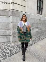 Frauen Strick Landschaft Farbe Krawatte Gefärbt Strickjacke Pullover Herbst V-ausschnitt Einreiher Weibliche Pullover 2023 Winter Mode Dame Outwear