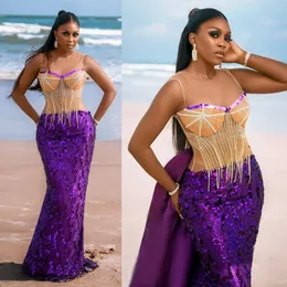 2023 ASO EBI Purple Gold Mermaid Sheer Neck Perlen Abschlussball Kleid Tüll Party Abend Zweiter Empfangsgeburtstag Verlobung Nigeria Style Kleider Kleider Am011