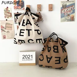 Shopping Bags PURDORED 1 Pc Women Large Letter Shopping Bag Canvas Handbag Tote Messenger Casual Female Shoulder Bag Reusable Tote Bolsa 230424