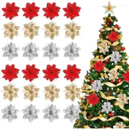 Flores decorativas 10 pçs natal vermelho ouro bling flor cabeças para noel casa decorações de árvore festa mesa configuração decoração suprimentos