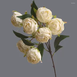 Flores de casamento 7 cabeças rosas artificiais queimadas borda queimada buquê de flores falsas simulação de seda floral ornamento de festa em casa 50cm