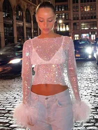 Kadın T-shirt Nadafair Kadın Glitter Tüy Tişört Mahsulü Tops Şık İçi Çıkış Örtü Gevşek Uzun Kollu Seksi Y2K Street Giyim Tees 2023 Bahar P230328