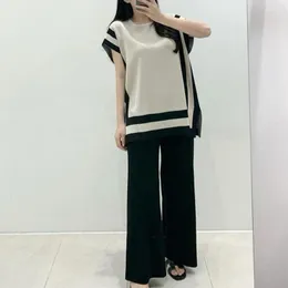 Kvinnors blusar Summer Elastic Sticked Two -Piece Suit Casual Wide Leg Pants Elegant Patchwork Loose Thin Tops Korean Ice Silk 2 Set 26383