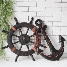 Mediterranean Style Fashion Ship Wooden Boat Beach VINTAGE Wood Steering Wheel Nautical Fishing Net Home Wall Decor Gifts 201212193R