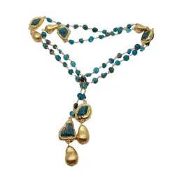 Anhänger-Halsketten KKGEM Natürlicher 18 x 28 mm blauer Kyanit, raues Nugget, goldfarben, gebürstete Perlen, lange Halskette, 101,6 cm Pullover-Kette Halskette für Frauen 231123