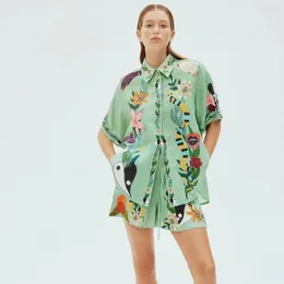 민족 의류 2 조각 세트 섹시한 패션 여성 Dashiki African 2024 Spring Summer Flower 프린트 짧은 슬리브 셔츠 탑 및 반바지 정장