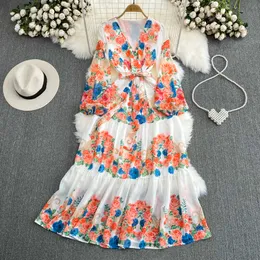 Премиальное легкое роскошное платье фонарь с длинным рукавом v-образным вырезом сжимание шифонового печати платье пляжное пляжное праздничное платье