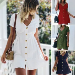 Casual Dresses Women Dress Spring/Summer Pure Color Single-Breasted V-Neck Dress Robe Female Holiday Mini Dress Vestido 230424