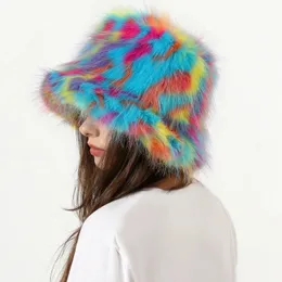 Breda brimhattar hink y2k mode vinter regnbåge färg faux päls hatt kvinnor fest fluffig förtjockad mjuk varm panama lady utomhus semester 231123