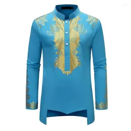 Camicie casual da uomo Camicia da uomo di lusso a maniche lunghe con colletto in piedi Camicia con stampa tribale Dashiki africana Camicetta superiore succinta Hippie Basic Disco