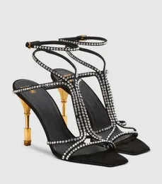 Sommaren 2023 Perfect Moneta Sandals Shoes Women Crystal Strappy Cross Calf Suede Golden Engraved Heel Party Wedding Pumps Gladiator Sandalias EU35-42