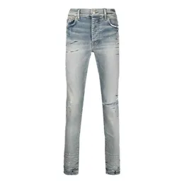 Calças de grife jeans Amiiri's New Worn One Joelho Rasgado Jeans Masculino Slim Fit Elastic Little Feet Tide Brand Ins Calças Longas Calças Rasgadas Desgastadas