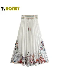 Skirts TELLHONEY Women Fashion Lace Up Contrast Color Embroidered Long Female Vintage Elastic Waist A Line Loose Midi Swing 230424