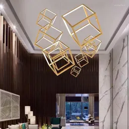 Pendant Lamps Minimalism Geometric Led Lights Modern Lustre Plated Gold Cube Hanging Chandelier Luminarias Lighting Fixtures