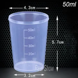 50 cm3 kubki miarowe 50 ml przezroczysty plastikowy kubek 100pcs z Skala Mała filiżanka Whole204m