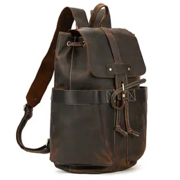 Men's Genuine Leather Backpack Crazy Horse Skin Men's Backpack Flip Strap Backpack Student Backpack 231115