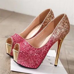 12cm/14cm Super High Heels Women Pumps New Gradient Sequined Cloth Peep Toe Party Ladies Rose red Fashion Platform Wedding Shoes 230424