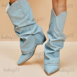 Stövlar veckade knähöga denimstövlar för kvinnor 2023 Autumn Point Toe Chunky Heels Cowboy Boots Woman Plus Size 42 Western Jeans Shoes T231124