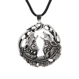 Pendant Necklaces 10pcs Viking Wolf Necklace Jewelry Bronze Antique Silver Couple Celtic With Feather CT628Pendant